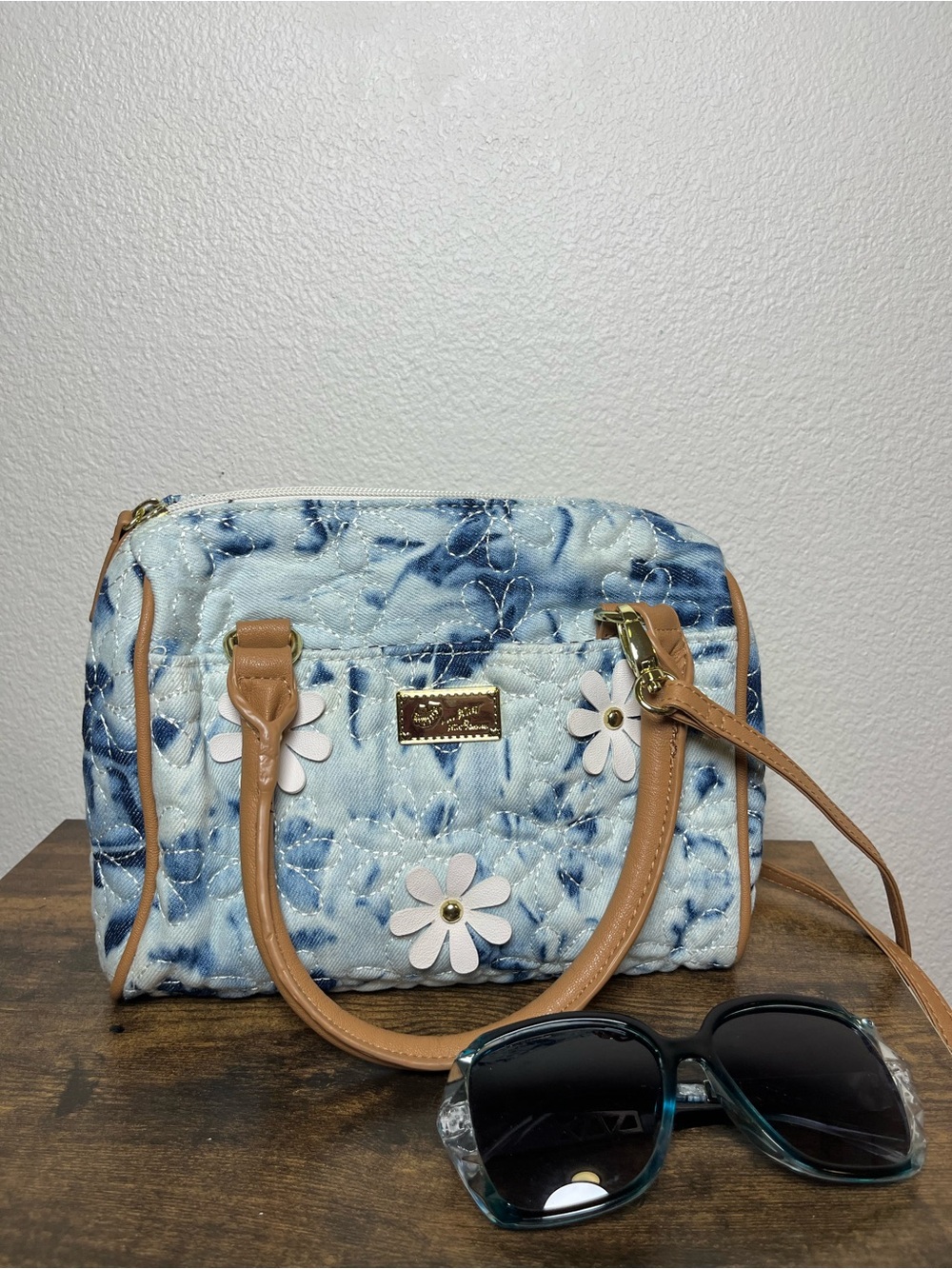Betsy Johnson Quilted Blue Daisy Floral Mini Satchel with Tan Trim